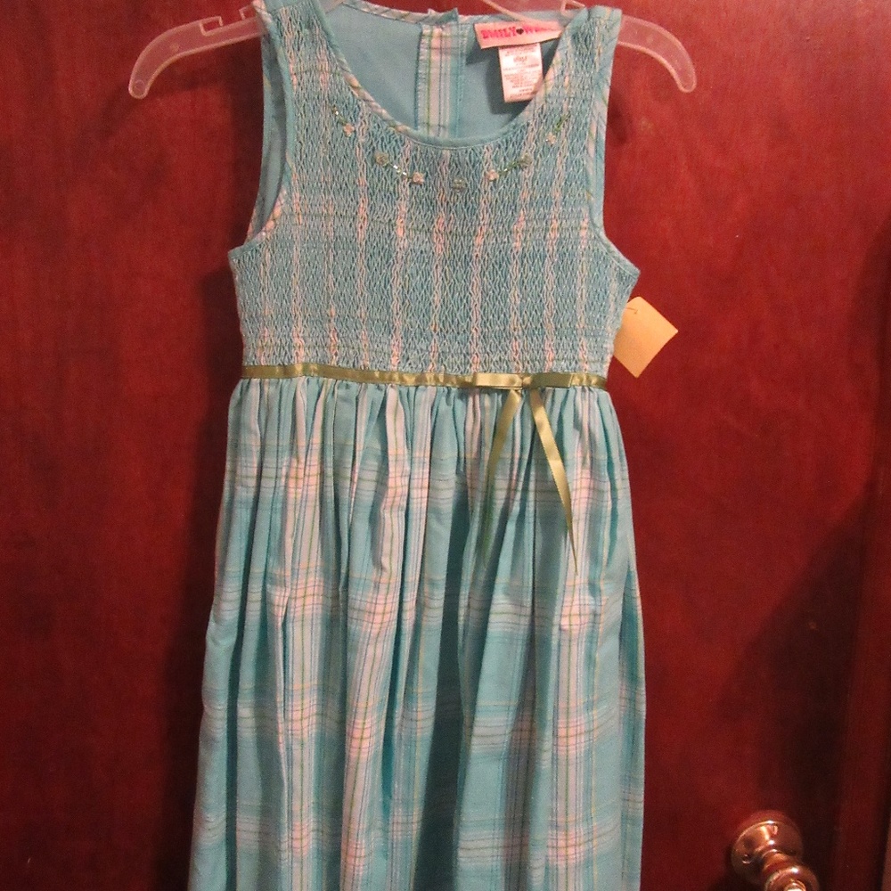 GIRL'S AQUA SMOCKED DRESS - SIZE 8 - NEW W/TAGS